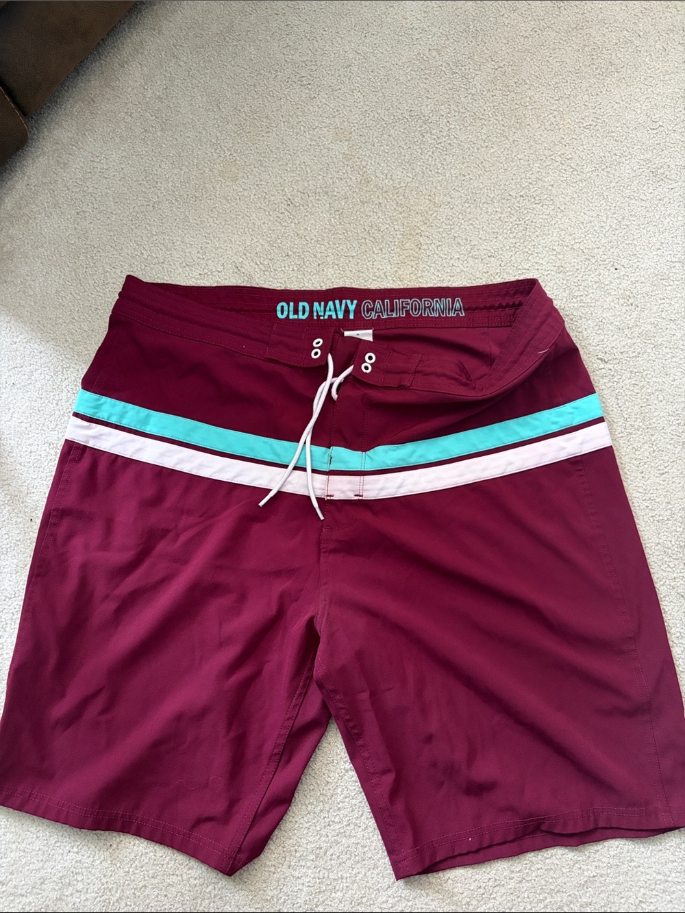 Old Navy Burgundy Swim Shorts with Aqua & White Stripe